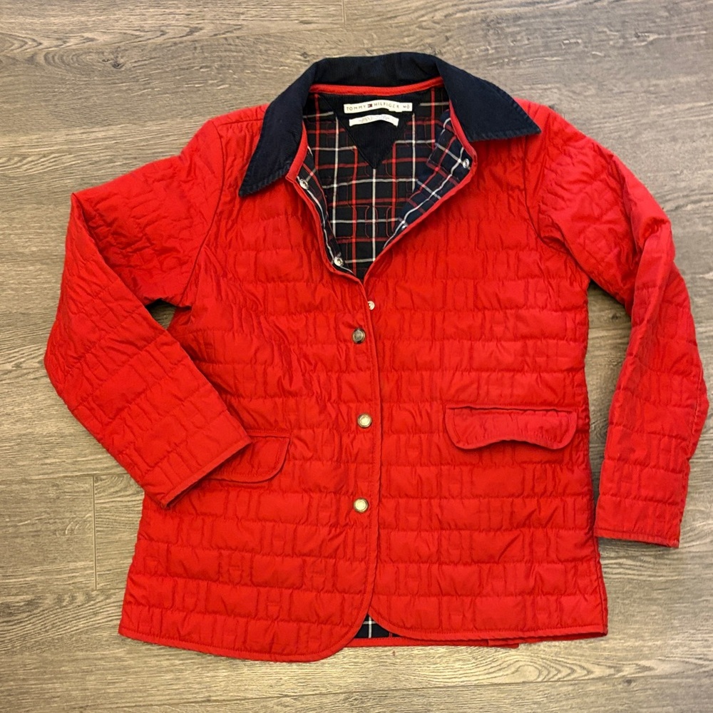 Red Med Quilted Tommy barn Jacket with Plaid Lining & corduroy collar